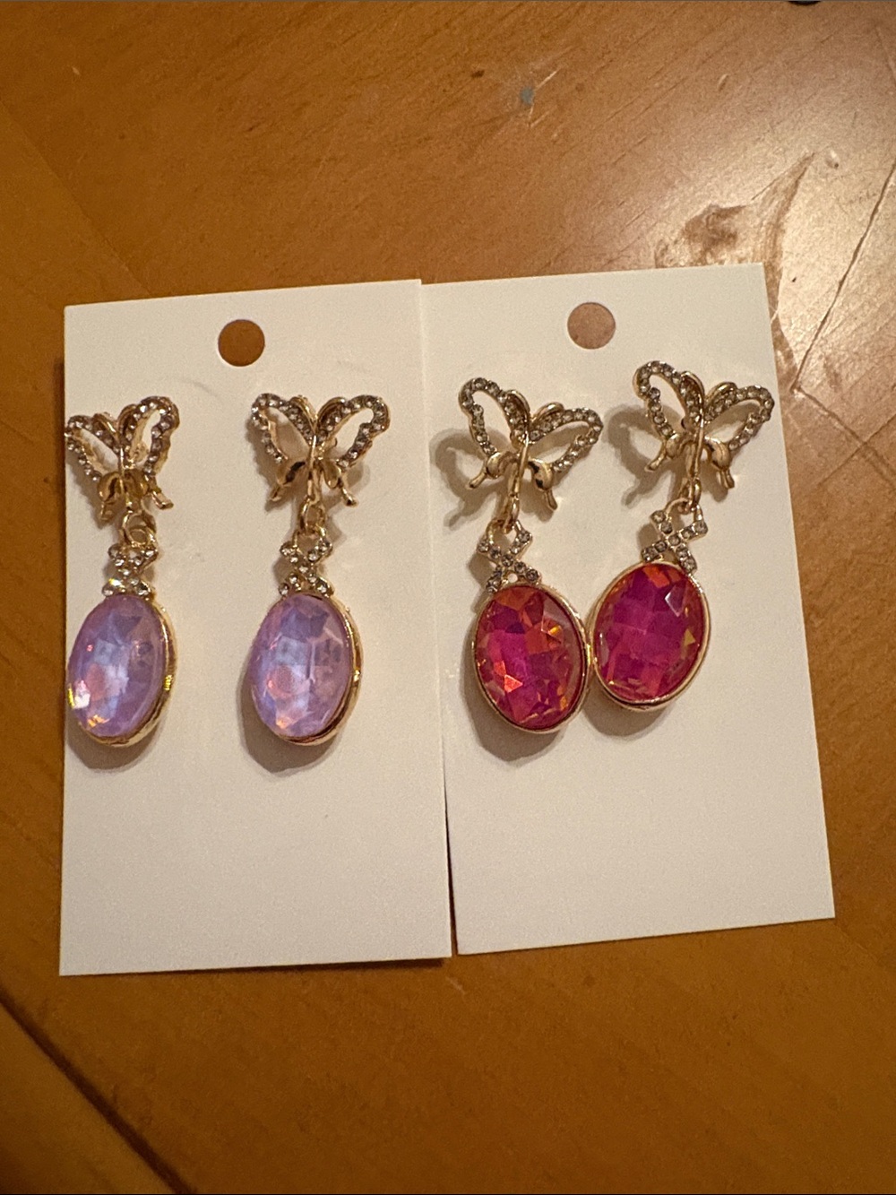 Gold Butterfly Drop Earrings with Pink and Lavender Oval Gemstones